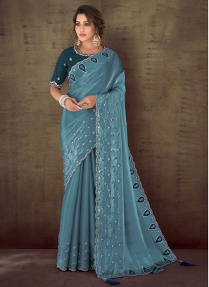 Pleasing Blue Embroidered Georgette Satin Designer Saree