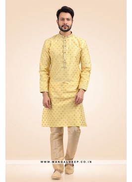 Pleasing Jacquard Art Silk Yellow Kurta Pyjama Set with Pintex Work