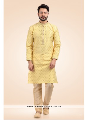 Pleasing Jacquard Art Silk Yellow Kurta Pyjama Set with Pintex Work