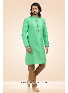 Pleasing Jacquard Art Silk Green Kurta Pyjama Set with Pintex Work