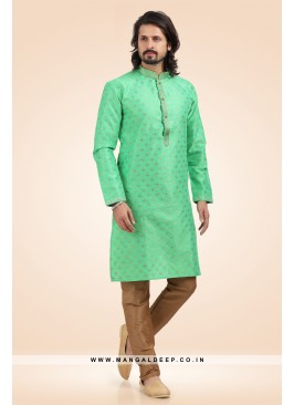 Pleasing Jacquard Art Silk Green Kurta Pyjama Set 