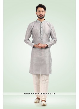 Pleasing Jacquard Art Silk Grey Kurta Pyjama Set with Pintex Work