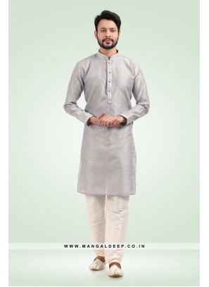 Pleasing Jacquard Art Silk Grey Kurta Pyjama Set with Pintex Work