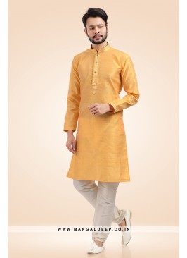 Pleasing Jacquard Art Silk Musterd Kurta Pyjama Set with Pintex Work