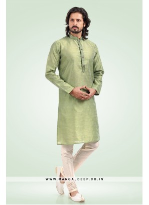 Pleasing Jacquard Art Silk Pista Kurta Pyjama Set with Pintex Work