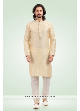 Pleasing Jacquard Art Silk Cream Kurta Pyjama Set with Pintex Work