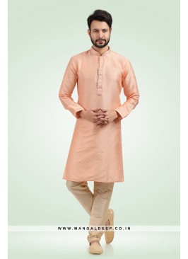 Pleasing Jacquard Art Silk Peach Kurta Pyjama Set with Pintex Work