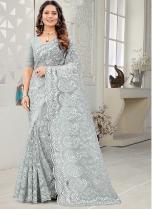 Pleasing Net Grey Designer Saree