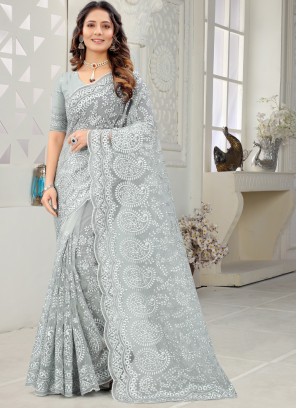 Pleasing Net Grey Designer Saree