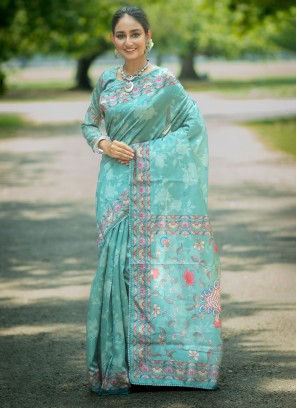 Pleasing Printed Turquoise Trendy Saree