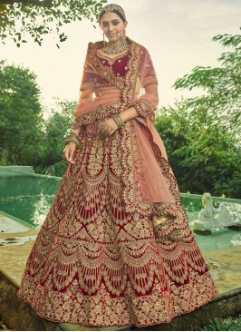 Pleasing Velvet Maroon Embroidered Bollywood Lehenga Choli