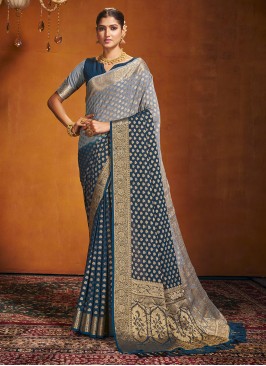 Pleasing Weaving Grey and Teal Classic Saree