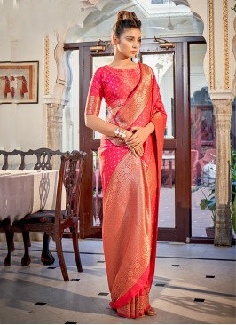 Pleasing Weaving Pink Banarasi Silk Classic Saree