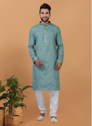 Poly Cotton Kurta Pyjama in Teal