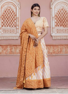 Poly Cotton Mustard and White A Line Lehenga Choli