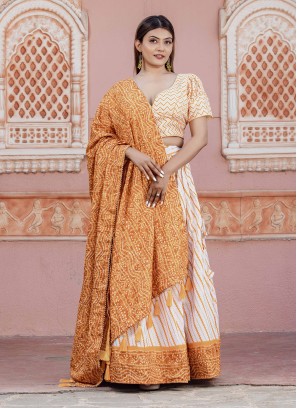 Poly Cotton Mustard and White A Line Lehenga Choli