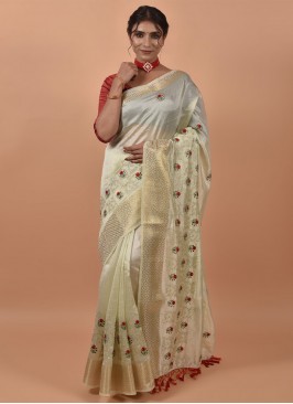Poly Silk Embroidered Classic Saree in Cream