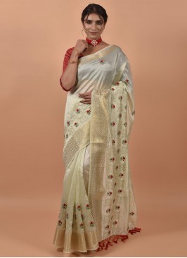 Poly Silk Embroidered Classic Saree in Cream