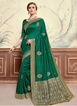 Poly Silk Festive Wear Embroidered Saree In Green Color