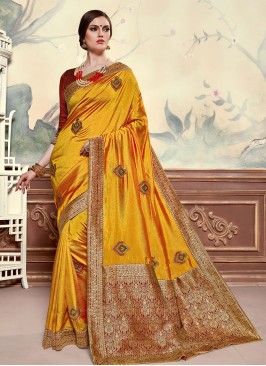 Poly Silk Festive Wear Embroidered Saree In Mustard Color