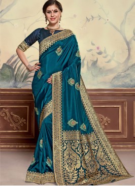 Poly Silk Festive Wear Embroidered Saree In Teal Color