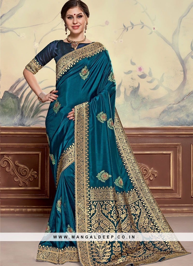 Poly Silk Festive Wear Embroidered Saree In Teal Color