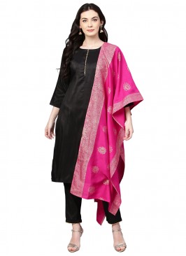 Poly Silk Plain Readymade Salwar Suit in Black