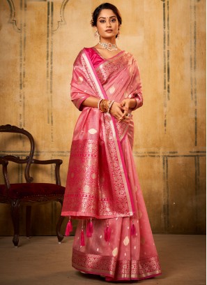 Praiseworthy Banarasi Silk Pink Border Contemporary Style Saree