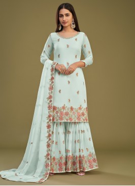 Praiseworthy Georgette Thread Work Aqua Blue Palaz