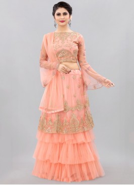 Praiseworthy Net Embroidered Peach Trendy Lehenga Choli