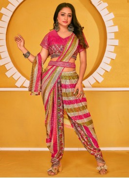 Praiseworthy Net Pink Embroidered Contemporary Saree