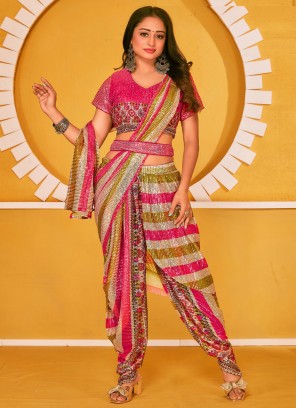 Praiseworthy Net Pink Embroidered Contemporary Saree