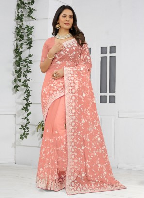 Praiseworthy Resham Net Peach Designer Saree