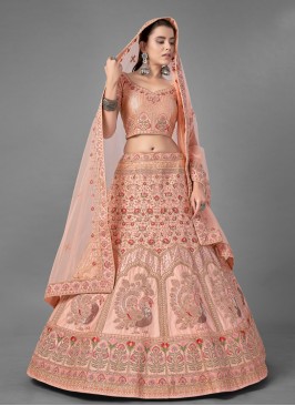 Praiseworthy Satin Peach Sequins A Line Lehenga Choli