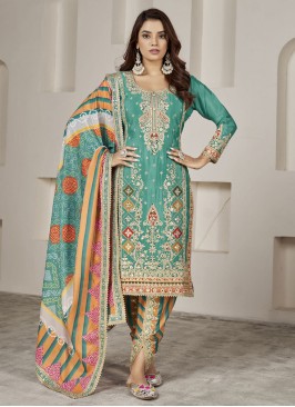 Precious Embroidered Chinon Sea Green Salwar Kameez