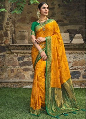 Precious Weaving Mustard Satin Silk Contemporary Saree