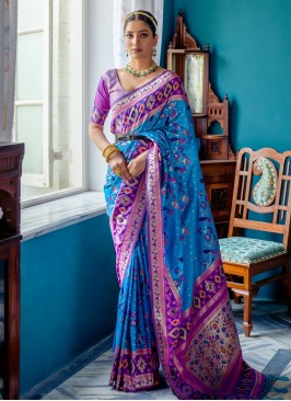 Preferable Aqua Blue Engagement Contemporary Saree