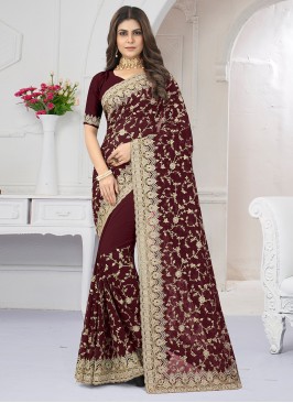 Preferable Embroidered Georgette Maroon Classic Designer Saree