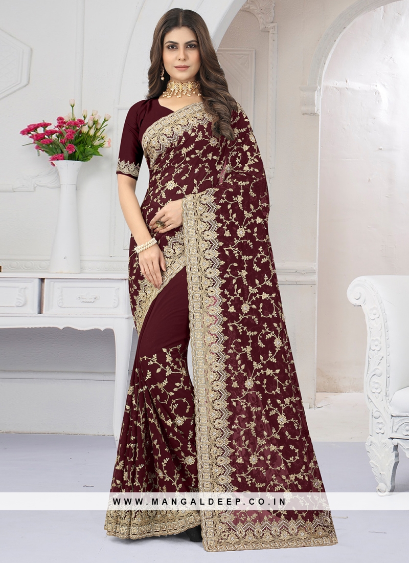 Preferable Embroidered Georgette Maroon Classic Designer Saree