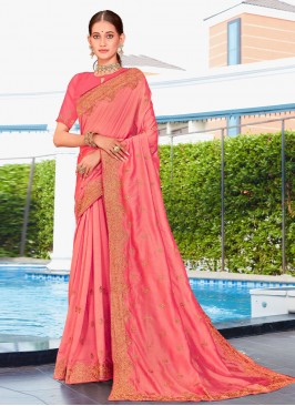 Preferable Embroidered Georgette Pink Trendy Saree