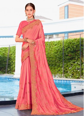 Preferable Embroidered Georgette Pink Trendy Saree