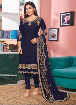 Preferable Embroidered Navy Blue Faux Georgette Churidar Designer Suit