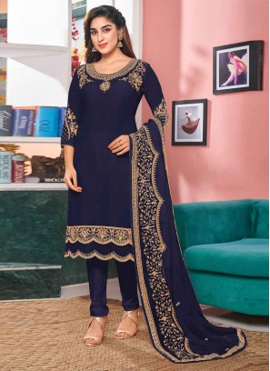 Preferable Embroidered Navy Blue Faux Georgette Churidar Designer Suit