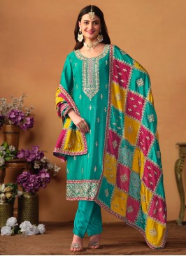 Preferable Embroidered Turquoise Silk Trendy Salwar Suit