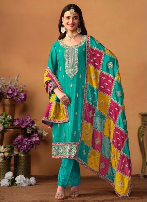 Preferable Embroidered Turquoise Silk Trendy Salwar Suit