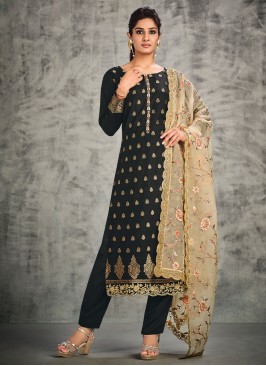 Preferable Jacquard Work Organza Grey Straight Salwar Suit