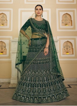 Preferable Mirror Net Green Lehenga Choli