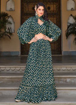 Preferable Printed Green Georgette Long Choli Lehenga