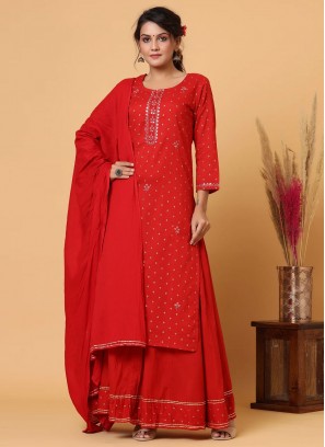 Preferable Red Cotton Readymade Salwar Kameez