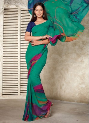 Preferable Weight Less Turquoise Printed Classic Saree
